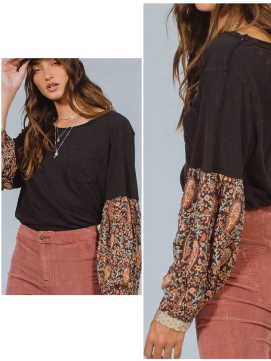 We The Free Tops - We The Free Black Jade Long Sleeve Top Faux Layered Paisley Sleeves Oversized S